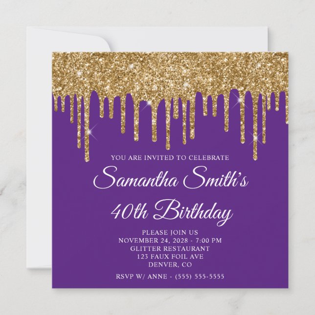 Invitation Parties scintillant d'or Drips Royal violet 40e an (Devant)