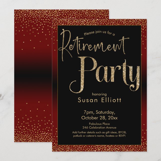 Invitation Parties scintillant d'or du Parti de la retraite s (Devant / Derrière)