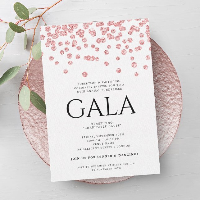 Invitation Parties scintillant d'or du Rose de gala d'entrepr (Formal Corporate Gala Rose Gold Glitter Confetti Invitation)