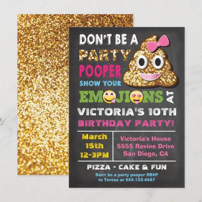 Invitation Parties scintillant d'or Emoji Party Pooper Girl B (Devant / Derrière)