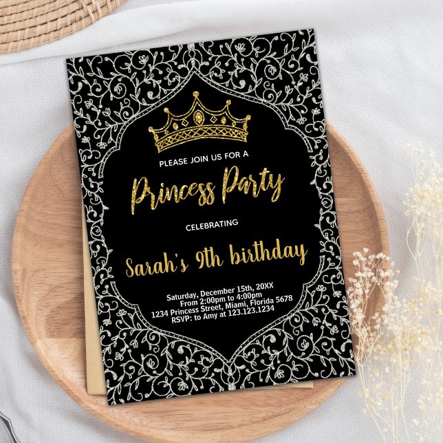 Invitation Parties scintillant d'or en argent Princesse blanc (Silver Golden Glitter White Princess Birthday Invitation)