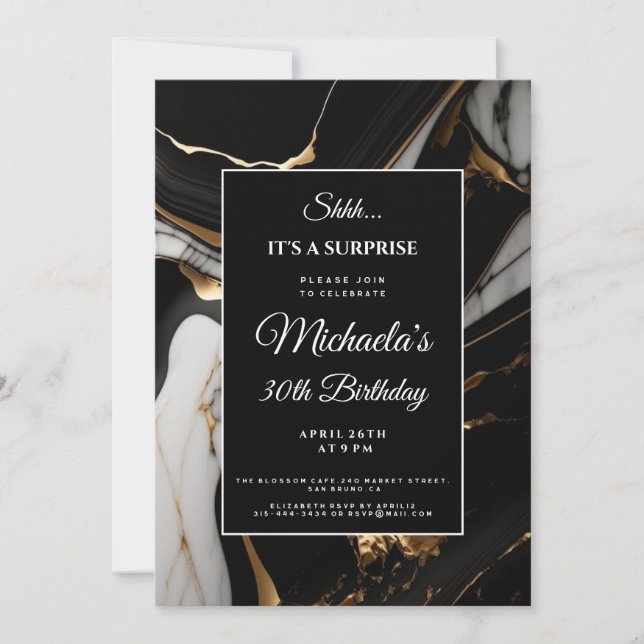 Invitation parties scintillant d'or en marbre liquide surpris (Devant)