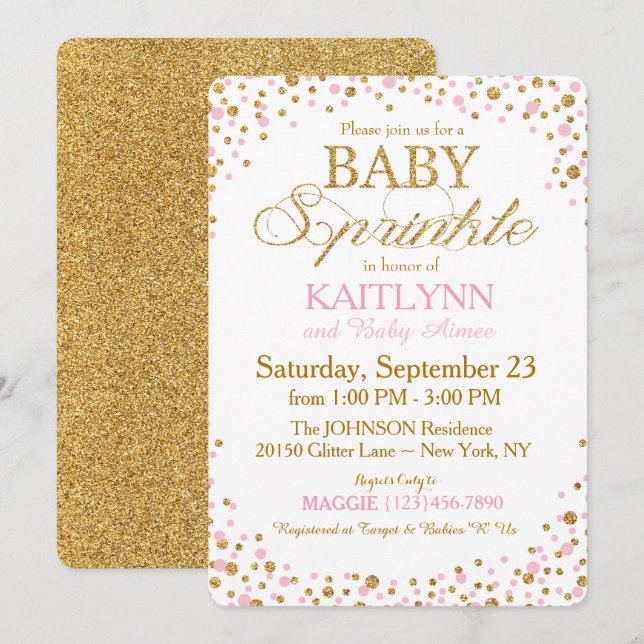 Invitation Parties scintillant d'or et Baby shower d'arrosage (Devant / Derrière)