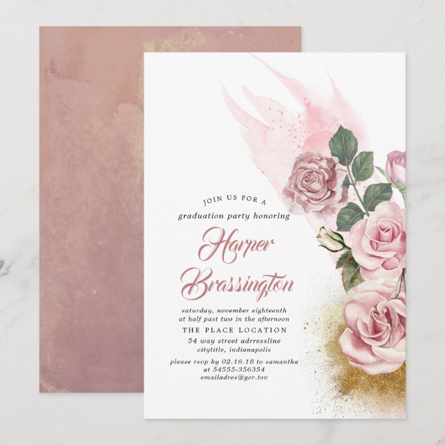 Invitation Parties scintillant d'or et Dusty Rose Floral Grad (Devant / Derrière)