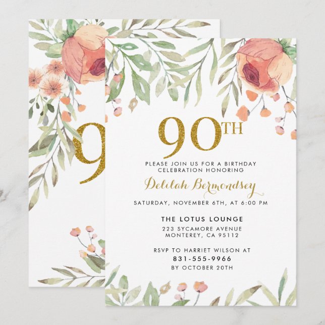 Invitation Parties scintillant d'or et fleurs d'aquarelle 90e (Devant / Derrière)