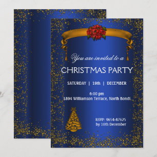 Invitation Parties scintillant d'or et Noël bleu