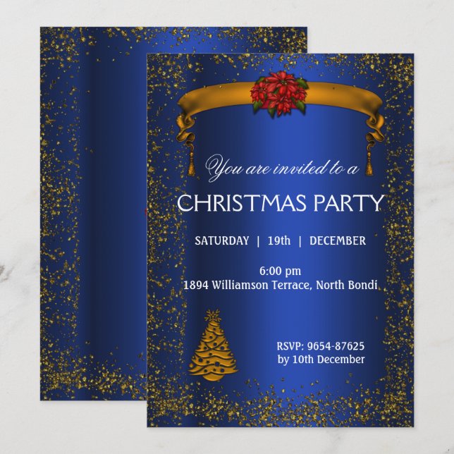 Invitation Parties scintillant d'or et Noël bleu (Devant / Derrière)