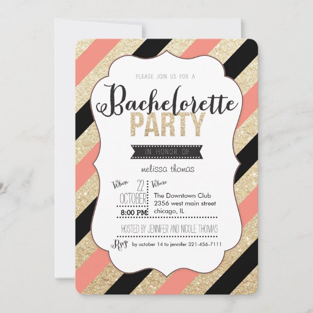 Invitation Parties scintillant d'or et rayures Bachelorette I (Devant)