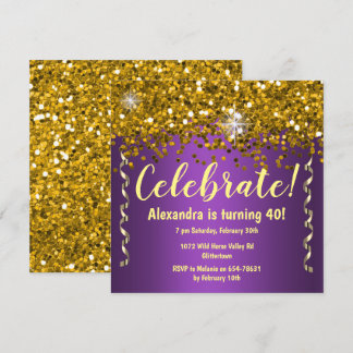 Invitation Parties scintillant d'or et violet métallique 40e 