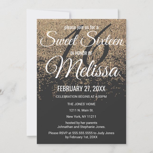 Invitation Parties scintillant d'or étincelles Black Sweet 16 (Devant)