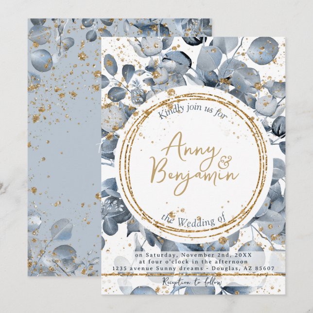 Invitation Parties scintillant d'or Eucalyptus - Dusty Blue I (Devant / Derrière)