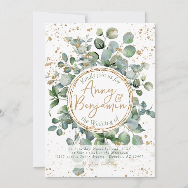Invitation Parties scintillant d'or Eucalyptus - Vert - Invit (Devant)