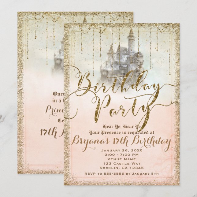 Invitation Parties scintillant d'or Fairytale Storybook Castl (Devant / Derrière)