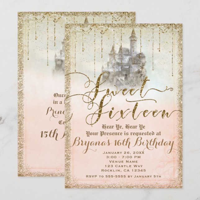 Invitation Parties scintillant d'or Fairytale Storybook Castl (Devant / Derrière)