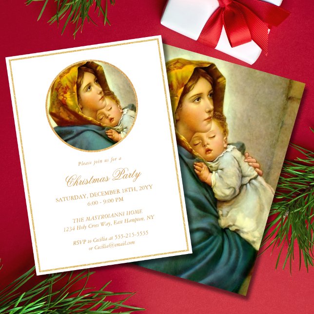 Invitation Parties scintillant d'or Fête religieuse de Noël (Religious, faith-based Christmas invite with Madonna & Child for family and church parties)