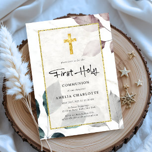 Invitation Parties scintillant d'or Feuille rustique Croix pr