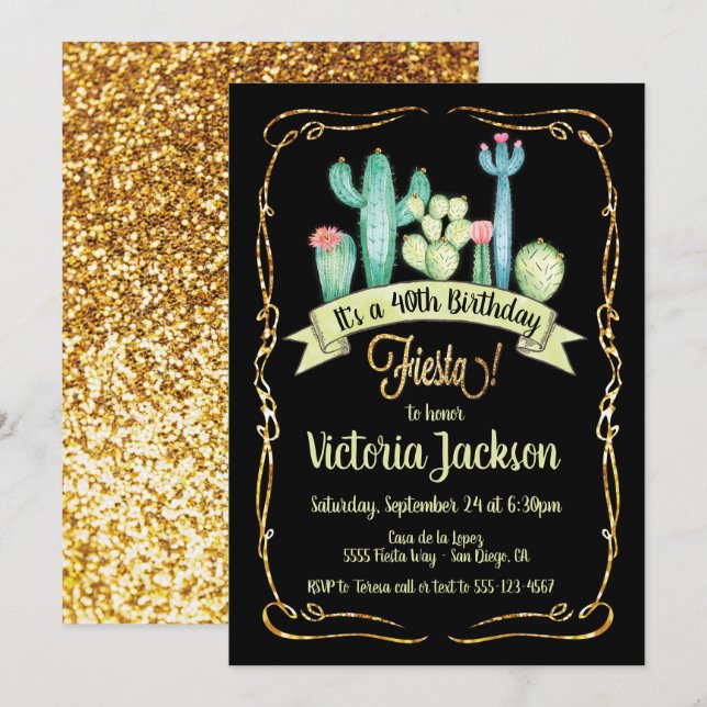 Invitation Parties scintillant d'or Fiesta mexicaine (Devant / Derrière)