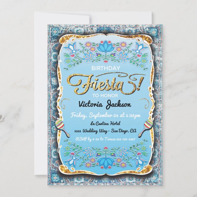 Invitation Parties scintillant d'or Fiesta mexicaine Annivers (Devant)