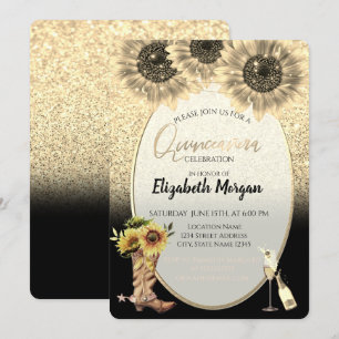 Invitation Parties scintillant d'or, Fleurs de soleil, Quince
