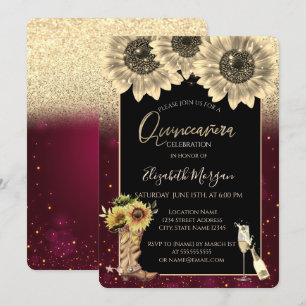 Invitation Parties scintillant d'or Fleurs de soleil, Quincea