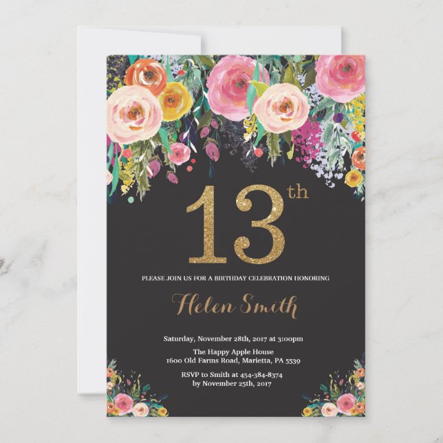 Invitation Parties scintillant d'or Floral 13th Birthday Invi (Devant)