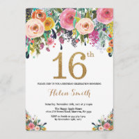 Parties scintillant d'or Floral 16th Birthday Invi