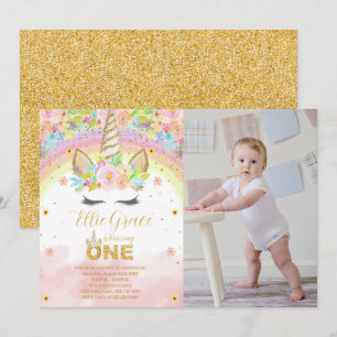 Invitation Parties scintillant d'or Floral 1er Anniversaire U