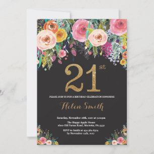 Invitation Parties scintillant d'or Floral 21st Birthday Invi