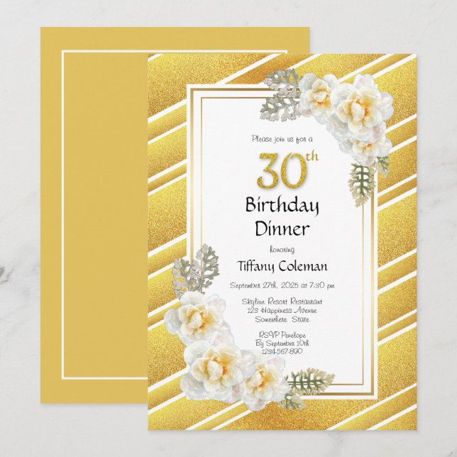 Invitation Parties scintillant d'or Floral 30e anniversaire D (Devant / Derrière)