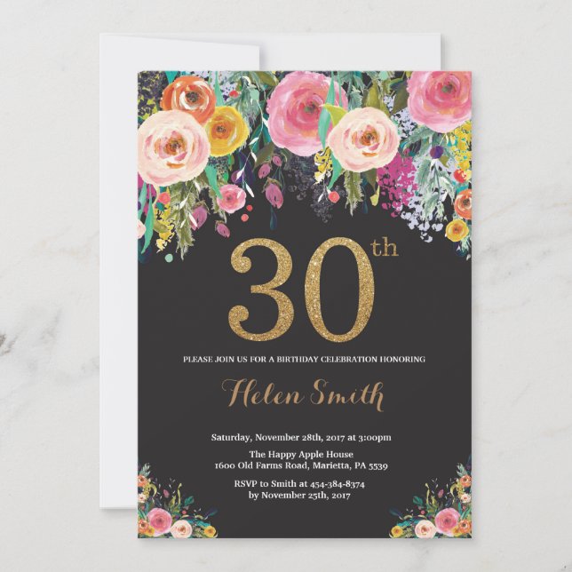 Invitation Parties scintillant d'or Floral 30th Birthday Invi (Devant)
