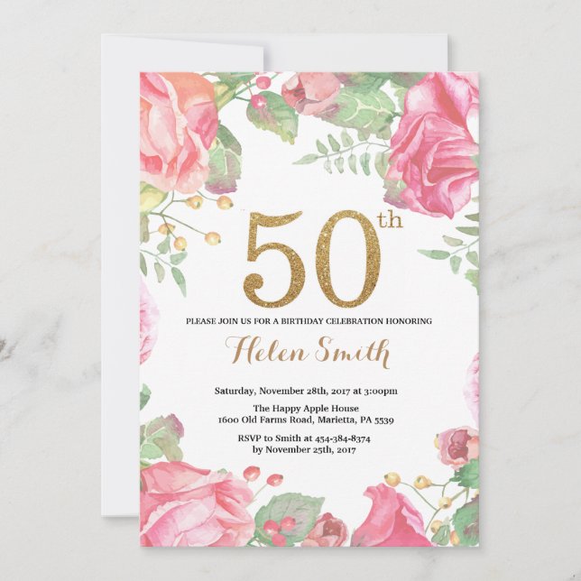 Invitation Parties scintillant d'or Floral 50th Birthday Invi (Devant)