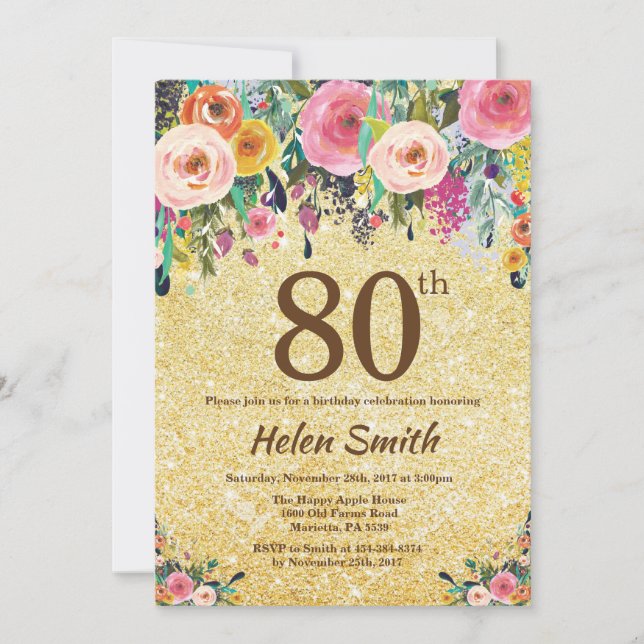 Invitation Parties scintillant d'or Floral 80e anniversaire I (Devant)