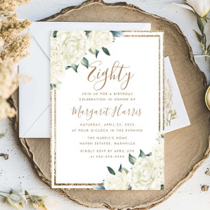 Invitation Parties scintillant d'or Floral blanc 80e Quatre-v