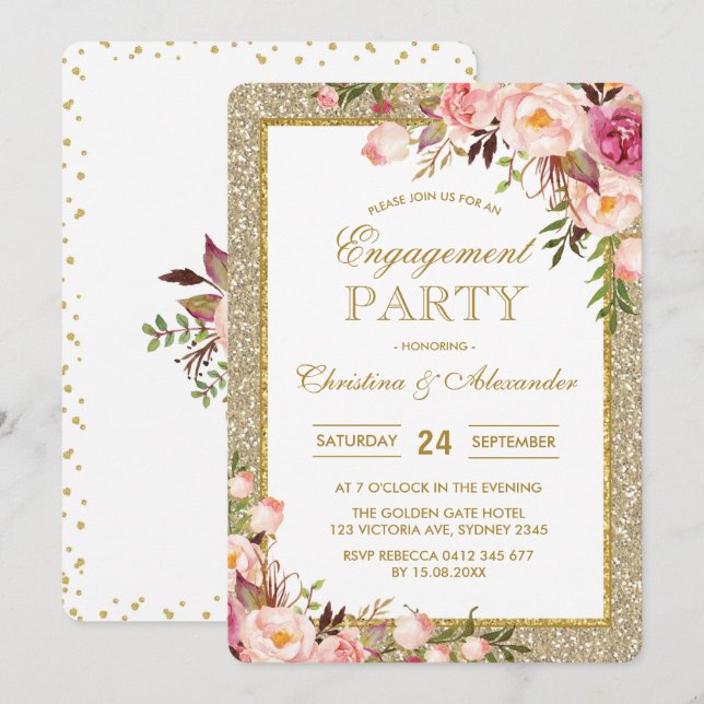 Invitation Parties scintillant d'or Floral Engagement Party I (Devant / Derrière)