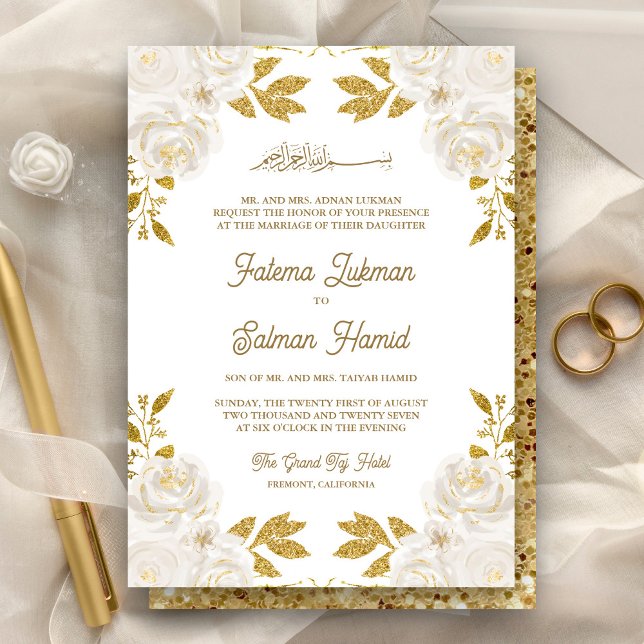 Invitation Parties scintillant d'or floral ivoire Mariage mus (Créateur téléchargé)