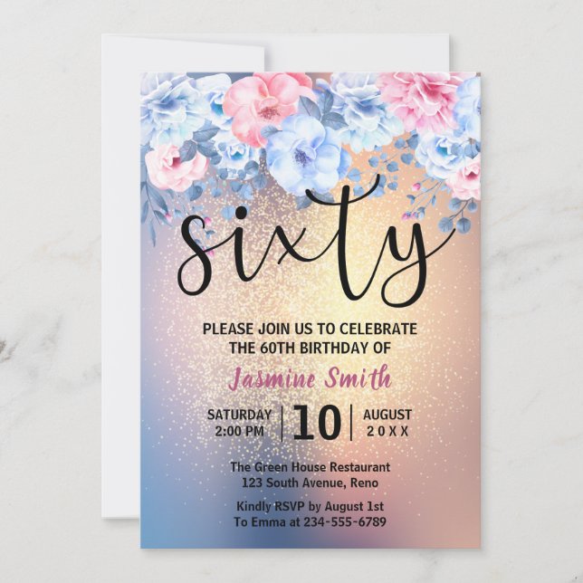 Invitation Parties scintillant d'or floral moderne 60e annive (Devant)