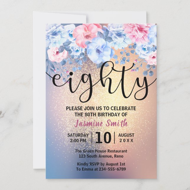 Invitation Parties scintillant d'or floral moderne 80e annive (Devant)