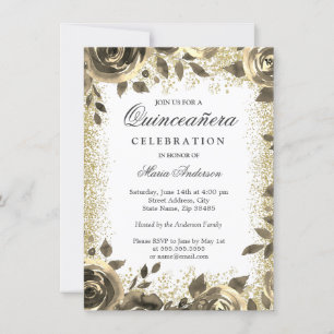 Invitation Parties scintillant d'or Floral moderne Quinceaner