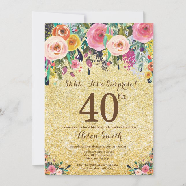 Invitation Parties scintillant d'or Floral Surprise 40e anniv (Devant)