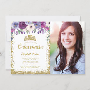 Invitation Parties scintillant d'or floral violet Tiara Quinc