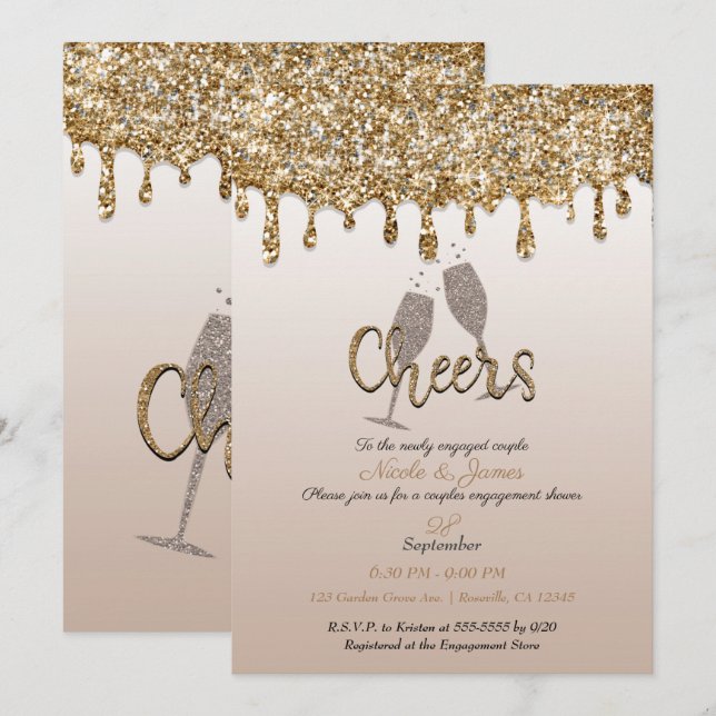 Invitation Parties scintillant d'or Glam Bubbly Fiançailles d (Devant / Derrière)