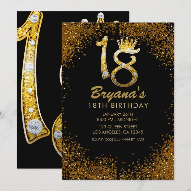 Invitation Parties scintillant d'or Glam Couronne Diamond Bli (Devant / Derrière)