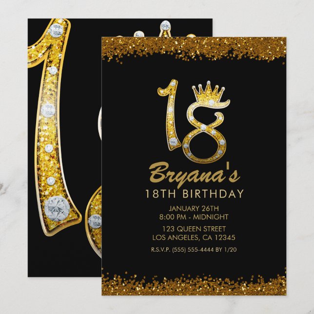 Invitation Parties scintillant d'or Glam Couronne Diamond Bli (Devant / Derrière)