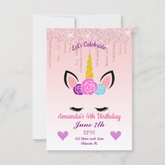 Invitation Parties scintillant d'or goutte florale licorne An