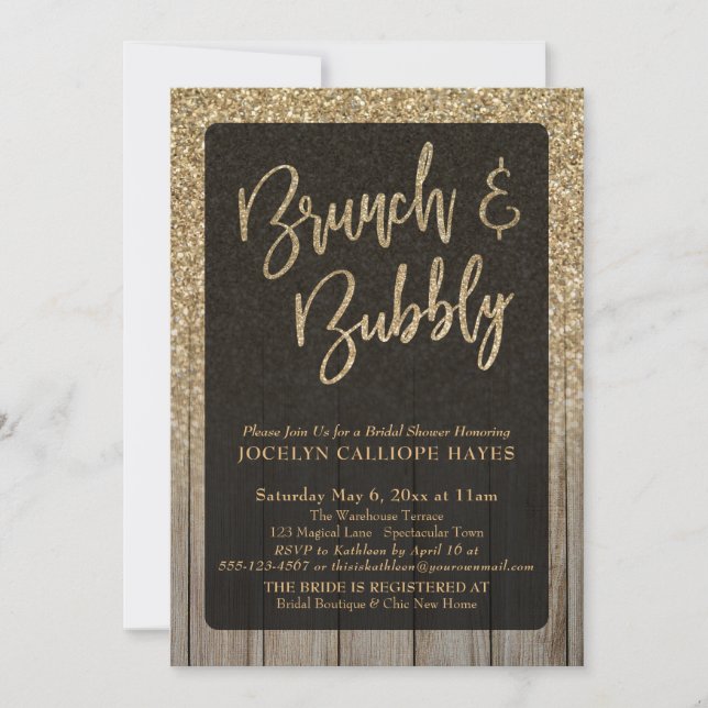 Invitation Parties scintillant d'or Grange bois Brunch & Bubb (Devant)