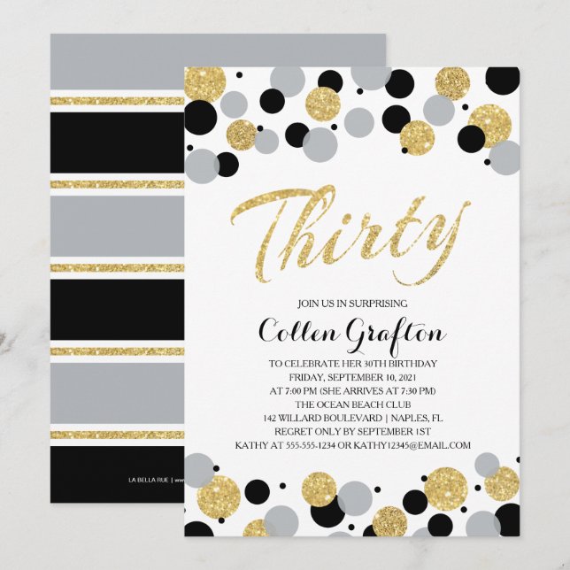 Invitation Parties scintillant d'or gris noir Confetti 30e an (Devant / Derrière)