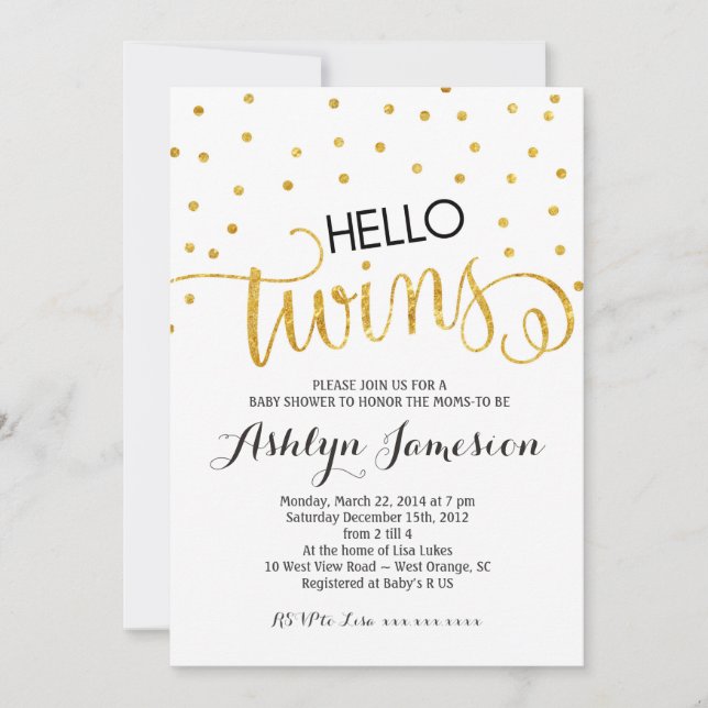 Invitation Parties scintillant d'or Hello Twins Baby shower I (Devant)