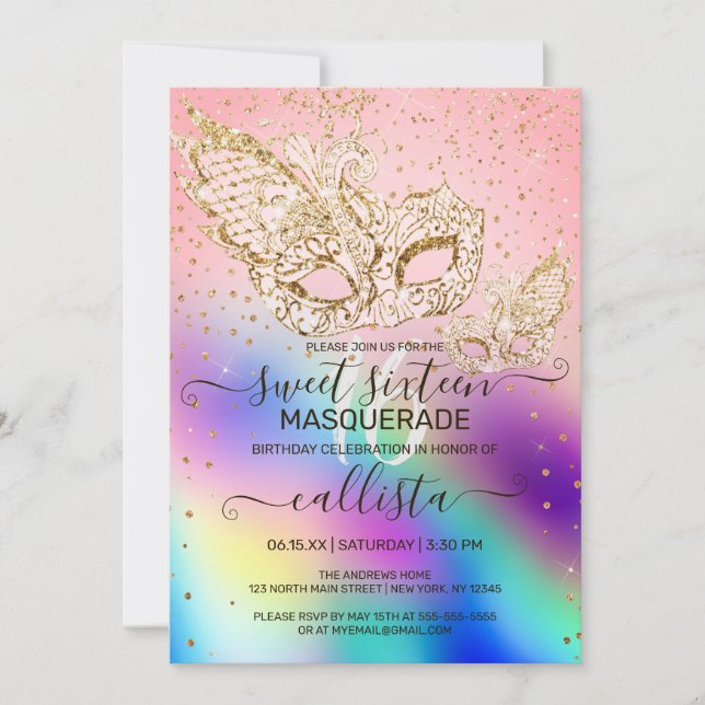 Invitation Parties scintillant d'or Holographie Masquerade Sw (Devant)