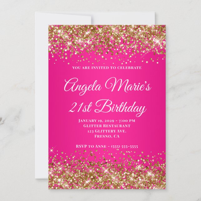 Invitation Parties scintillant d'or Hot rose Fancy Monogramme (Devant)