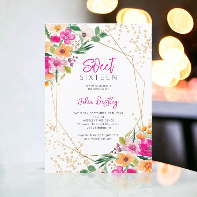 Invitation Parties scintillant d'or illustration florale phot (Gold glitter floral illustration photo Sweet 16 Invitation)